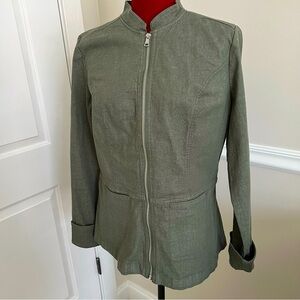 Denim & Co olive green mandarin collar stretch denim zip front jean jacket sizeS
